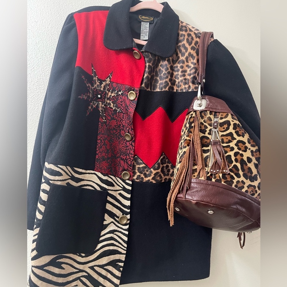 Allure colorblock leopard, zebra patchwork, zig zag design wool blazer
